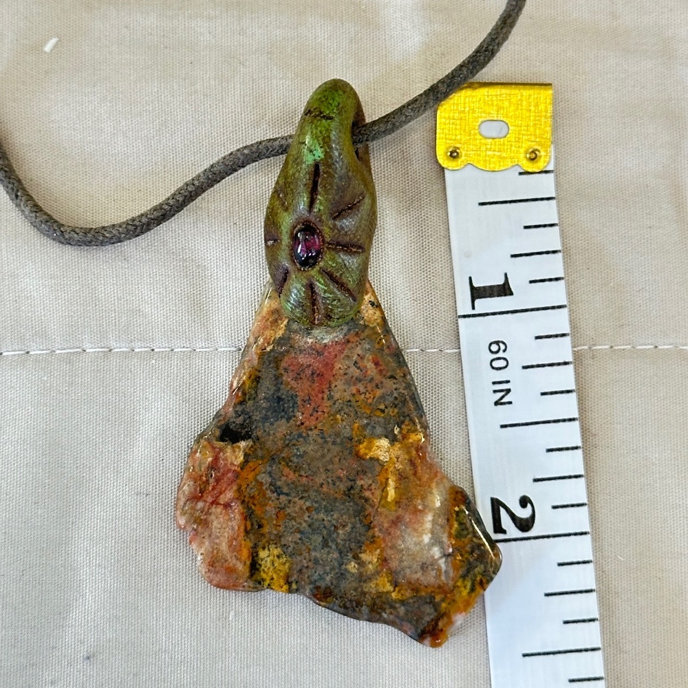 Raw Jasper Stone w/Garnet Eye Pendant on Cord Red/Brown/Tan/Cream/Orange - Picture 5 of 16